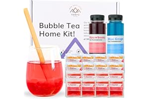 TEMPO TEA BAR Bubble Tea Kit (Serves 16) - Blue Grape & Strawberry with Mango & Strawberry Popping Boba, Fruit Tea Concentrate, Low Calorie, Low Sugar