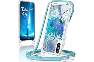 XCYYOO Handykette für Xiaomi Redmi 9A Hülle mit Band,Handyhülle Xiaomi Redmi 9A Glitzer Schmetterling mit Kette TPU Slim Bumper Kratzfest Transparent Stoßfest Schmetterling Schutzhülle mit Kordel