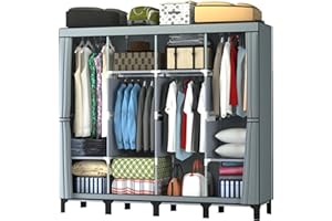 LOEFME Canvas Wardrobe, Four-column Portable Wardrobes for Bedroom, 165 * 45 * 175 cm New Base Design Fabric Wardrobe, 16mm Steel Tube Storage Space Foldable wardrobe (Grey-4)