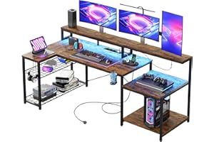 Bestier Tavolo da gioco 181 cm, scrivania da gioco con luci a LED, tavolo da gioco per PC con 3 prese CA e 2 porte di ricarica USB, tavolo per computer con ampio ripiano per monitor
