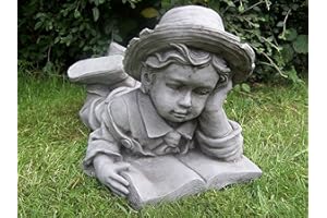 Garden Mile Ornamenti da giardino per esterni con ragazzo che giace e legge, completamente impermeabile, in resina grigia con effetto pietra, statua e scultura per prato artigianale per casa e
