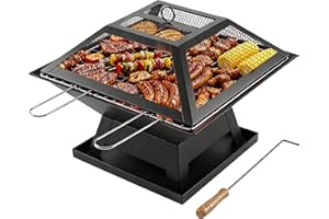 Square Fire Pit with BBQ Grill, Metal Fire Pit BBQ with Mesh Lid & Poker, Outdoor Garden Patio Heater Firepit, Sturdy and Dur