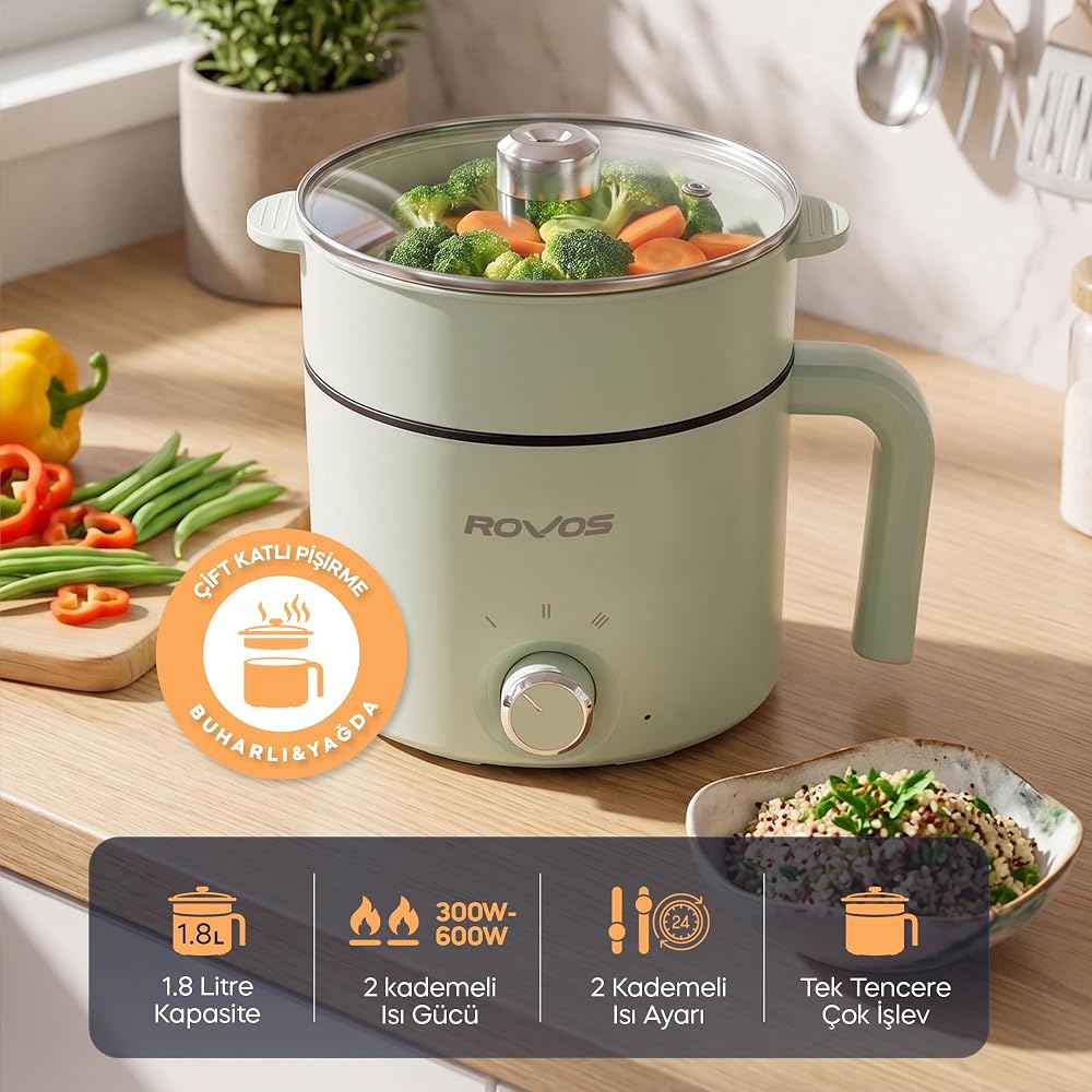 Pikas ROVOS RV-5100 Elektrikli Mini Tencere 1,8 L, Buharlı Pişirme Aparatlı, Yapışmaz Tencere, Ramen, Makarna, Çorba ve Yemek Pişirici