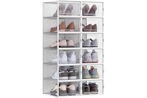 ‎SONGMICS SONGMICS Pudełka na buty, zestaw 12 sztuk, pudełka do przechowywania butów, organizer na buty, pudełka plastikowe, składane i układane w stosy, na buty do rozmiaru 44, przezroczysty-biały LSP12SWT