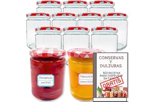 AWIKU 12 Tarros de Cristal de 450 ml con Tapas + EBook con +100 Recetas para Conservas - Frascos con Tapa de Rosca para Alimentos Caseros - Bote Estanco - Incluye Etiquetas - Tarros Medianos