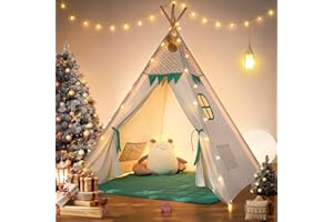 besrey Tipi Infantil Indio para Niños Tienda de Campaña Infantil Canvas Tipi de algodón con Alfombra Acolchado y Luces de Hadas (Verde y Blanco)
