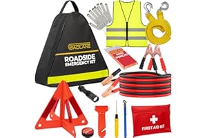 GADLANE Kit d'urgence en cas de panne de voiture – Grand kit d'urgence routier avec triangle d'avertissement, démarreurs, corde de remorquage, kit de premiers secours