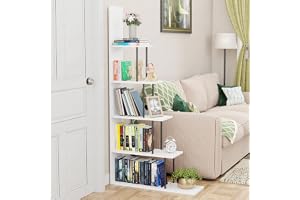 Lukzer 5-Tier L-Shaped Multipurpose Book Shelf Unique Step Pattern in Stylish Natural Engineered Wood for Home Library, Office, Bedroom & Living Room Elegant Display Unit (MRM-015/White)