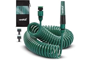 Manguera Espiral Jardín de 7,5 metros Ligera y Resistente a Impactos y Fugas, Manguera Jardín con Boquilla Ajustable, 2 Adaptadores + 2 Conectores, Lanza Verde Oscuro 7.5 metros Verdiflux