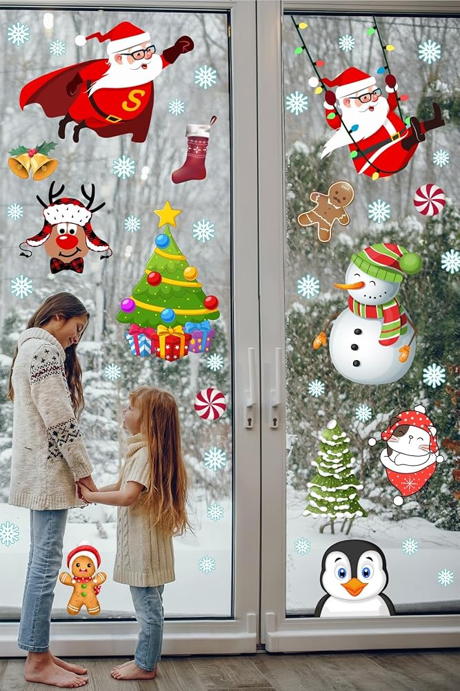 Süper Noel Baba Kardan Adam Kar Taneleri Kış Temalı Pencere Duvar Sticker