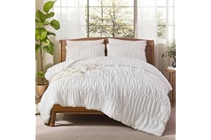 Bedbay Boho Comforter Set King Size,White Ruched Bedding Set,100% Cotton Durable Fluffy Comforter 3 Pcs,Vintage Ruffle White Bedding King Size Bed Set with 1 Comforter 2 Pillowcases