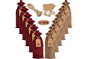 LOKIPA Burlap Wine Gift Bags, 12 Pcs Jute Wine Bottle Bags with Drawstring, Reusable Wine Bottle Covers with Snowflake Tags for Christmas