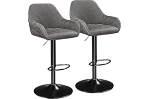 Yaheetech Bar Stools Set of 2, Height Adjustable Swivel Barstools, PU Leather Upholstered Bar Chair with Backrest, Armrests and Footrest for Home Kitchen, Grey