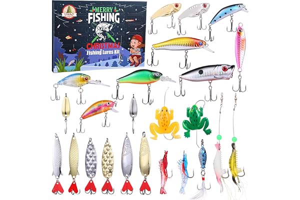 LIHAO Calendrier de l'Avent Peche Pecheur Homme 2025, Ensemble de 24pcs Leurre de Pêche,Calendrier de l'Avent Outils Appâts Cadeau Noël