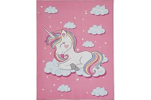 ‎ANDIAMO andiamo Kinderteppich Mädchen, Polyamid, Teppich Kinderzimmer, Motiv mit Prinzessin & Einhorn, gekettelt, flach, geeignet als Deko und Spielunterlage, Farbe:Pink, Größe:133 x 170 cm