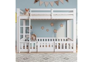 Merax 3FT Bunk Bed for Kids with Fences and Door, Children's Cabin Loft Bed with Fall Protection, Safety Railings, and Solid Wood Construction, Perfect for Toddlers, White, 90x190cm