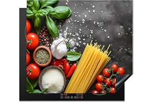 KitchenYeah© Protection Plaque Cuisson Deco Cuisine Cache Induction 57x51 cm Protege Pour Cuisiniere Protection Ustensiles Légumes - Tomates - Spaghetti - Béton - Herbes