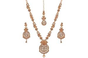 Touchstone Indian Bollywood Floral Inspired Rhinestones Designer Bridal Jewelry Necklace Set for Women in Antique Gold Tone.