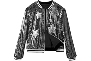 LOLANTA Niñas Lentejuelas Bomber Chaqueta con Bolsillos Cremallera Manga Larga Sparkle Béisbol Chaquetas para Niños 4-11 años