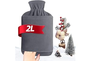 MUPAS Bouillotte Avec Housse En Non-Tissé - Grande Bouillotte Eau Chaude Anti-Fuite De 2L - Bouillote Douce Avec Poche Kangourou Et Caoutchouc Naturel - Pour Enfants Et Adultes (Gris)