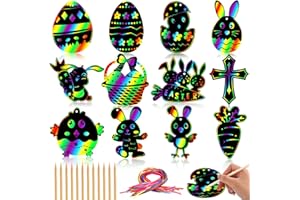 JULMELON Easter Crafts, 36 Pack Magic Rainbow Scratch Paper Kit Cute Bunny Scratch Art for Easter Party Favors Gifts Egg Basket Stuffers