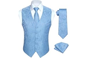 HISDERN Chaleco y corbata de jacquard floral paisley clasico para hombre y traje de chaleco cuadrado de bolsillo