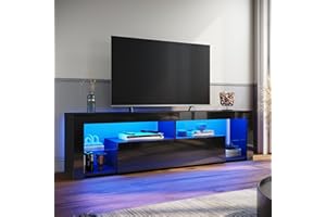 ELEGANT TV Stand Cabinet Unit with 16 RGB LED Lights, High Gloss TV Stand with Large Storage and 1 Big Drawer, Modern Black TV Cabinet with 2 Glass Shelf for Living Room, Bedroom 1800x350x505mm
