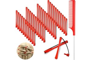 WILLBOND 48 Pieces Hair Perm Rods Short Cold Wave Plastic Perming Hair Curling Rollers With Steel Pintail Comb Rat Tail Comb for Hairdressing Styling Supplies (0.2 Inch, Red)