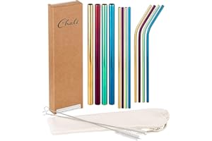 Chali® 12x Cannucce Acciaio Inox Riutilizzabili, Colorate (8x ø6mm, 4x ø12mm), Cannuccia lunghe 21,5cm, Lavabile in Lavastoviglie incl. 2x Spazzole per pulizia