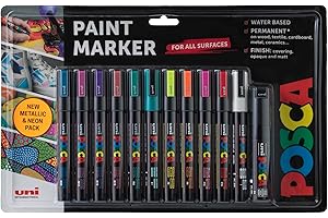 Posca - Metallic & Neon PC-5M Acrylic Paint Pens (12pc), Multi Surface Markers for Windows, Glass, Graffiti, Fabric, Rock Painting, Canvas, Wood, Metal, Fabric, Colouring, Arts & Crafts