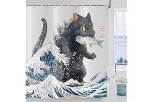 ASDCXZ Japansk katt duschdraperi 180 x 200 cm, Japan anime rolig svart katt fånga fisk våg barn vattentät badgardin textil tv