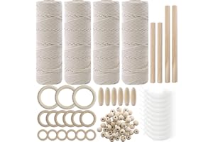 ANSHUKE Hilo Macramé Cuerda 3mm x 200 m, Algodón Hilo Natural Colgante de Pared de Macramé(56 Cuentas de Madera, 4 Palos de Madera, 15 Anillos de Madera y 10 Plumas) DIY Artesanía Decoración Atrapasueños