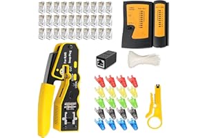 MAYLINE-TECH MAYLINEE Pelacables Alicate RJ45 CAT5 CAT6 CAT7 Crimpadora Herramienta de Reparación Pasante Juego de Comprobador Cables de Red Kit /8P Mantenimiento Network Tool LAN 50 Conectores (Amarillo)