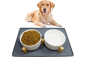 Nesirooh Ciotole per Cani Ceramica, Doppia Ciotola per Acqua e Cibo con Supporto in Bambù e Tappetino Antiscivolo per Cani di Taglia Media (850 ml, 2 Bianco)