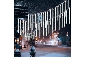 10 Tubes 30CM LED Météore Pluie Lumineuses Guirlandes Solaire,DINOWIN Lumineux Etanche Extérieur Douche Pluie Feux pour Noël Mariage Fête Soirée Maison Arbre Sapin Jardin (Blanc)