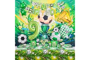 Sylphlikeoniric Fussball Deko Geburtstag Kinder 9 Jahre Junge, Fußball Geburtstag 9 Jahre Party Set, Fußball Luftballons Banner Teller Tasse Servietten Tischdecke Stroh (Fussball Geschirr 9 Jahre)
