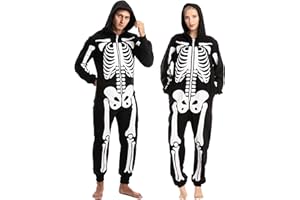 Spooktacular Creations Unisex Skeleton Jumpsuit - Plush Skeleton Zippered Halloween Hoody for Adult Sleepwear Costume
