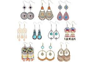 JeweBella Zestaw 10 par kolczyków w stylu boho, wiszące kolczyki dla kobiet i dziewcząt, styl vintage, etno, modna biżuteria, duże frędzle, łapacz snów, kwiaty, turkus, wiszący zestaw dla pań