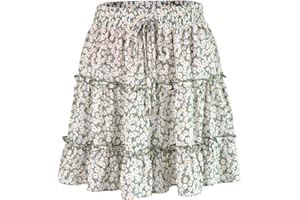 LAEMILIA Womens Elastic Waist Flared Short Skirt Floral Print Pleated Mini Skater Skirt with Drawstring