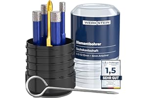 WERKSTEIN® Fliesenbohrer Set mit Diamantbohrkronen & Karbid Anbohrer [GRÖßEN 6, 8, 10 & 12 MM] - Diamantbohrer für Fliesen & Feinsteinzeug - Fliesenbohrer Set für Keramik, Granit & Naturstein
