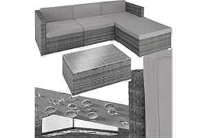 ‎TECTAKE tectake Polyrattan Lounge with Seat Cushion, Back Cushion and Glass Table, Balcony Furniture, Lounge Garden Furniture Set for the Patio, Balcony or Garden - Grey