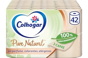 Colhogar Pure Natural x42 - Papel Higiénico Biodegradable Suave y Resistente - Papel de baño de 3 Capas, Dermatológicamente Testado - 42 Rollos, Color Natural (7x6)