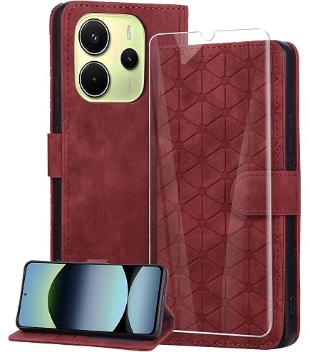 Funda Con Tapa Y Protector De Pantalla Para Xiaomi Redmi Note 13 4G - Cuero PU, Función Soporte Y Cartera, Color Rojo