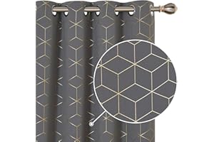 Deconovo Home Decoration Blackout Curtains, Eyelet Curtains, Gold Diamond Printed Curtains for Bedroom, 52 x54 Inch(Width x Length), Light Grey, One Pair