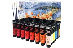 KINSPORY Pinturas Acrílicas 48 x 36 ml con 4 Pinceles - Resistente al Agua, Certificado Seguro, Acrylic Paint - para Lienzo, Madera, Vidrio, Piedra - Ideal para Artistas, Principiantes y Niños