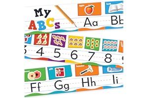 MOMO & NASHI Alphabet-Linie für Klassenzimmer-Wand – ABC-Alphabet-Banner & Zahlenrandposter – 20,3 x 142,2 cm, glänzende Laminierung, 5 Stück – Kindergarten, Vorschule, Klassenzimmer, Alphabet-Dekorationen,