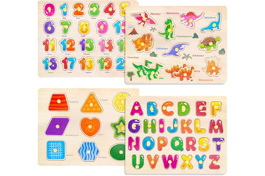 Montessori Wooden Peg Puzzles for Toddlers 3 4 5 Year Old, 4 Pcs Kids Educational Toys Preschool Learning Activities-Alphabet, Shape, Number and Dinosaur, Baby Puzzle for Boys Girls