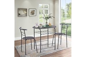 HOOSENG 3-Pc Dining Table Set, Dining Table and Chairs Set of 2, Kitchen Table Set with Metal Frame&Shelf Storage Compact Breakfast Bar Table Small Space Apartment Bistro Room, Grey, 31″ Dining Set