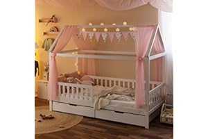 ‎ALCUBE Alcube Hausbett Deko Set mit Baldachin, Wimpel und Lichterkette für Hausbetten bis zu 2m Länge in Rosa für Jungen I Mädchen Deko für Kinderzimmer I Babyzimmer, Betthimmel lädt Kind zum Träumen EIN