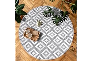 ‎PAYÉ payé Outdoor Teppich Rund - 120x120cm - Wetterfest - Grau Weiß - Raute Gitter - Teppiche für Terrasse Balkon Garten Indoor